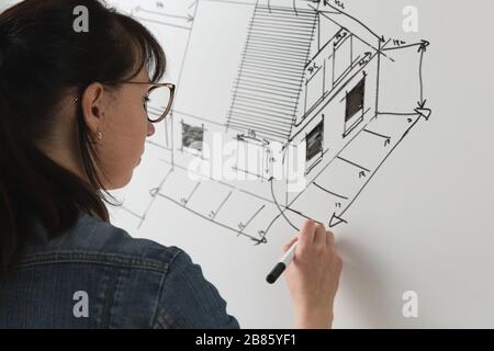 Close-up of a young female architect drawing a sketch for a new famaly home project. Concept of work on technical drawings Stock Photo