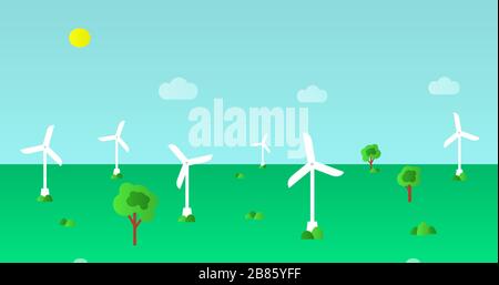 Green eco concept - wind energy. Field with wind turbines - vector illustration. Alternative power energy technology. Element of design or infographic Stock Vector