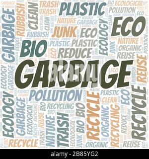 Garbage word cloud. Wordcloud made with text only. Stock Vector