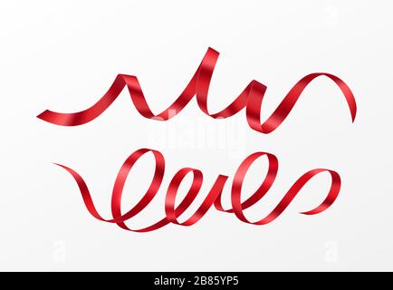 Set of realistic red silk ribbons isolated on white background. Vector illustration Stock Vector