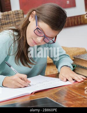 pretty student girl doing homework at home Stock Photo