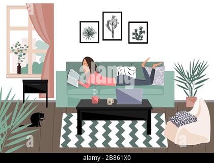 Happy young woman lying on the sofa and reading a book. I stay at home social media campaign for coronavirus prevention. Vector illustration Stock Vector