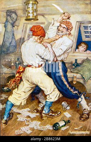 TREASURE ISLAND by Robert Louis Stevenson, published in book form 1883. Jim Hawkins watches a fight between two pirates. Stock Photo