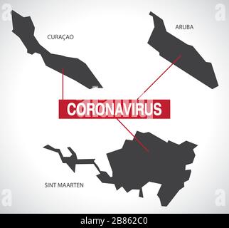 Curacao, Aruba and Sint Maarten NETHERLANDS province map with Coronavirus warning illustration Stock Vector