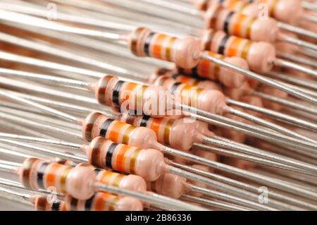 Various electronic components, resistors close-up series on white background. Stock Photo