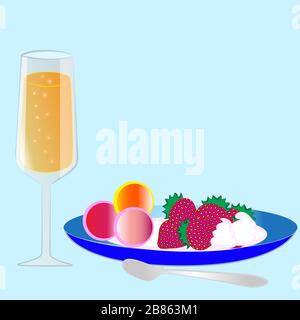 Strawberries with cream and wine glass with champagne isolated blue background. Stock Vector