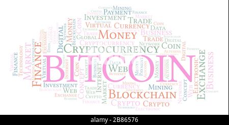 Bitcoin cryptocurrency coin word cloud. Word cloud made with text only. Stock Photo