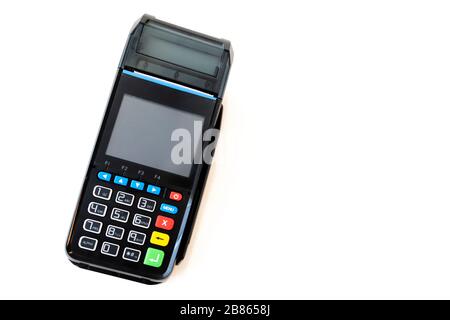 Credit card reader isolated on white background. Pos terminal on a white background. Banking equipment. Acquiring. Acceptance of bank credit cards. Co Stock Photo