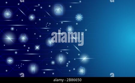 Blue radial gradient background with glowing science and medical icon and sparkle effect. Futuristic backdrop design. Stock Vector