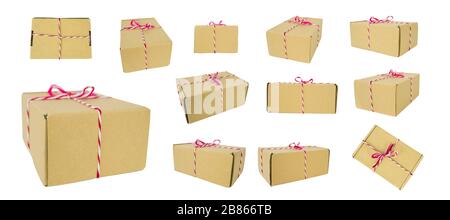 The package of 12 top boxes, brown paper tied with string in red and white stripes, to bring to the Assembly as an advertising medium. on white backgr Stock Photo