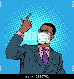 African businessman in a medical mask. Coronavirus epidemic. Self isolation and quarantine Stock Vector