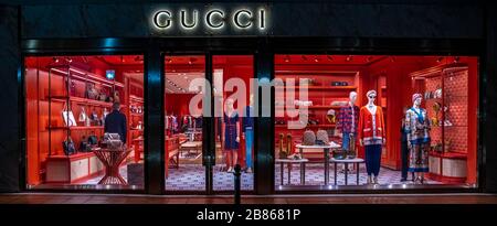 Marbella - 13, 2020: shop window of gucci shop on Stock Photo -