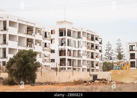 Protaras. Cyprus - October 9, 2018: Reconstruction of a Hotel in Cyprus. Destroyed building. Demolition of a Building. House Ruins. Stock Photo