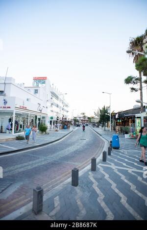 Protaras. Cyprus - October 9, 2018: Main Street with Restaurants and Shops in Protaras on Cyprus. Stock Photo