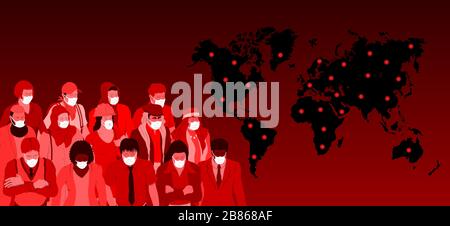 Masked people for corona virus and World map. All the objects, shadows and background are in different layers. Stock Vector