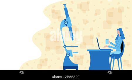 Business woman working for science and analysis with a microscope icon. All the objects, shadows and background are in different layers. Stock Vector