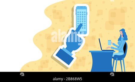 Business woman working for mobile applications with a Apps on smartphone icon. All the objects, shadows and background are in different layers. Stock Vector