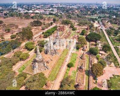 Aerial View With Drone. Wat Phra Si Sanphet temple in Ayutthaya Historical Park. UNESCO world heritage site, Thailand Stock Photo