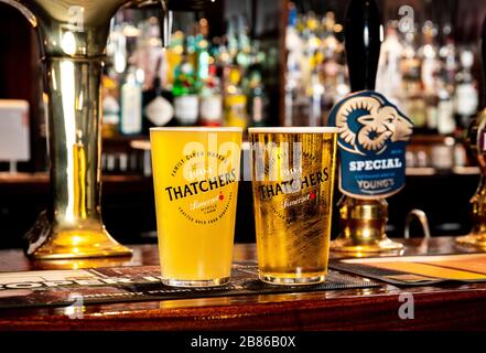 A glass of Thatchers Cider. Stock Photo