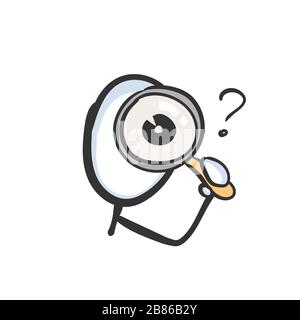 Looking into magnifying glass. Inspect, search and analyze detective. Hand drawn. Stickman cartoon. Doodle sketch, Vector graphic illustration Stock Vector