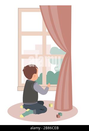 Sad little boy sitting at the window. Stay at home campaign for coronavirus prevention. Vector illustration Stock Vector