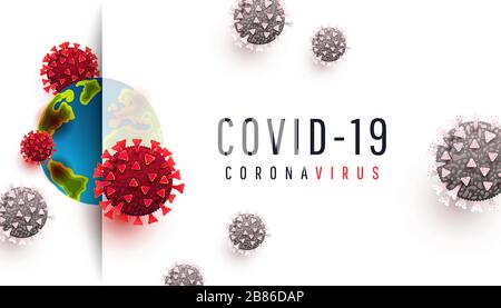 Realistic concept with cell diseases or covid 19 bacteria on a white background. Global world map with china pathogen respiratory coronavirus 2019-ncov. Flu spreading of world and Plenvmonia disease Stock Vector