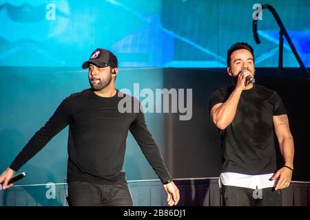 Orlando, Florida. March 13, 2020. Luis Fonsi with dancer at the Mardi Gras Concert at Universal Studios Stock Photo