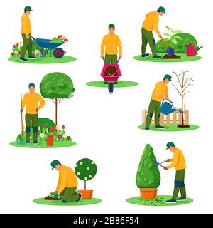 Set of characters of gardeners. Professional gardener working in garden with different tools. Vector illustrations on white background Stock Vector