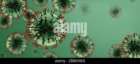 3D cgi digital render concept illustration of COVID-19 coronavirus against a green background copy space Stock Photo
