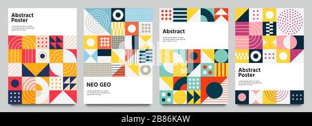 Color neo geo poster. Modern grid flyer with geometric shapes, geometry graphics and abstract background vector set Stock Vector