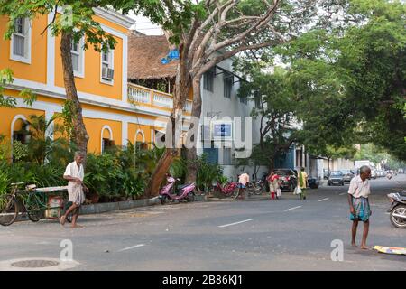 Pondicherry, India - November 7, 2019: Street with colorful houses at Pondicherry in India Stock Photo