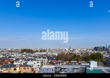 Skyline in Setagaya ward in sunny day with blue sky, Tokyo, Japan Stock Photo
