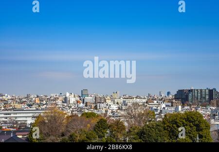 Skyline in Setagaya ward in sunny day with blue sky, Tokyo, Japan Stock Photo
