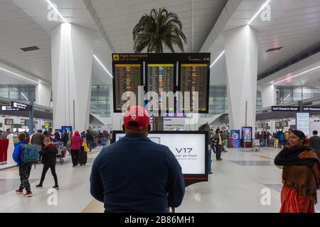 New Delhi, India - December 28, 2019: Arrival Departure board at Terminal 3 at New Delhi Indra Gandhi Airport in India Stock Photo