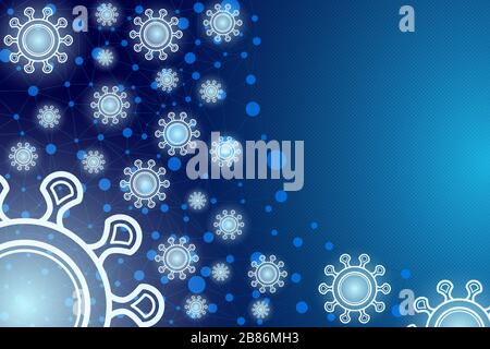 Blue gradient background with glowing coronavirus and linear pattern. Stock Vector