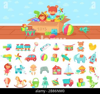 Cartoon toys. Vector set of kids play, block and doll Stock Vector