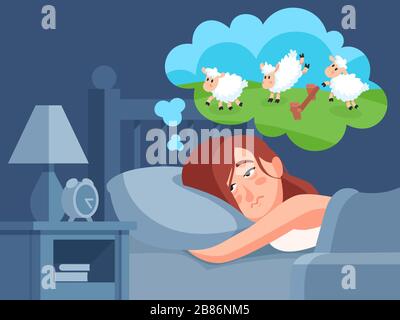 Woman counts sheep to sleep. Insomnia cartoon vector illustration Stock Vector