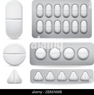Medicine pills. Vector illustration set, tablets in pack Stock Vector