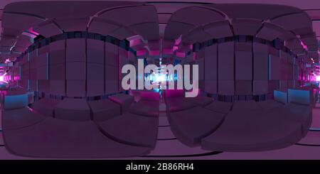 360 degree panoramic view of 3D illustration,3d render,VR 360 panorama Abstract image of the cube background, the path to the light, Plastic Pink and Blue background