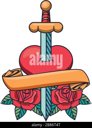 heart love with sword and roses valentines day Stock Vector