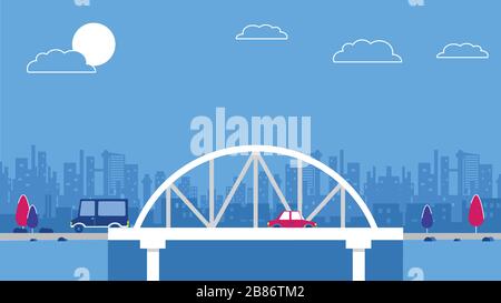 cars drive over the bridge in the city vector illustration Stock Vector
