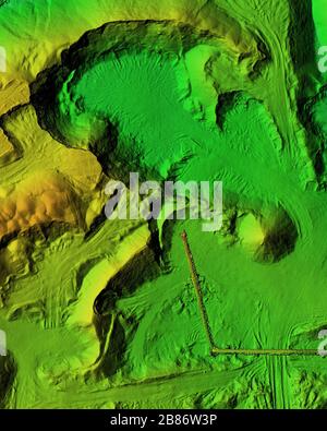 DEM - digital elevation model. Product made after proccesing pictures taken from a drone. It shows excavation site with piles of aggregates Stock Photo