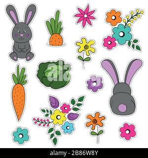 set of cute , cartoon stickers colorful with rabbits, flowers, bouquets, carrots, cabbage. Easter set . Isolated vector with cutting contour. Stock Vector