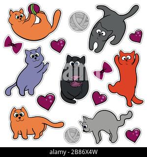 a set of cute, cartoon stickers colorful with cats, balls of thread, hearts. the cat plays with the ball, jumps . Isolated vector with cutting contour Stock Vector