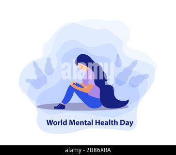 World Mental Health Day. Girl in sadness, depression concept. Isolated on a white background. Vector illustration Stock Vector