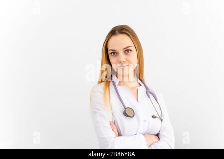 Ultrasound sensor of modern ultrasonic scanner in young woman doctor's hands preparing for a device scan. Helthcare concept. Stock Photo