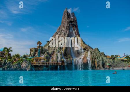 Orlando, Florida. March 10, 2020. Panoramic view of Krakatau volcano and blue lagoon at Volcano Bay in Universal Studios area Stock Photo