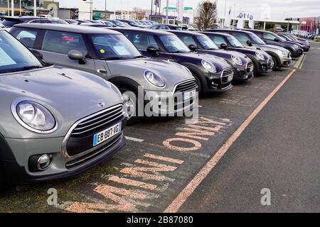 Bordeaux , Aquitaine / France -  01 15 2020 : Mini car for sale automobiles parked at Mini Cooper dealership Stock Photo