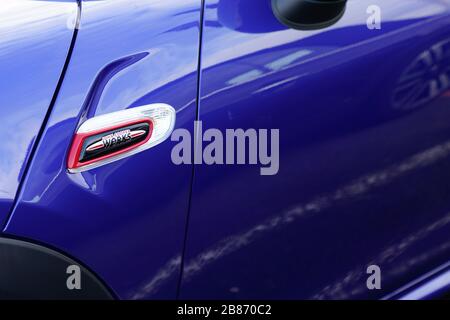 Bordeaux , Aquitaine / France - 02 01 2020 : Mini Cooper S John Cooper Works Edition car side logo view racing detail