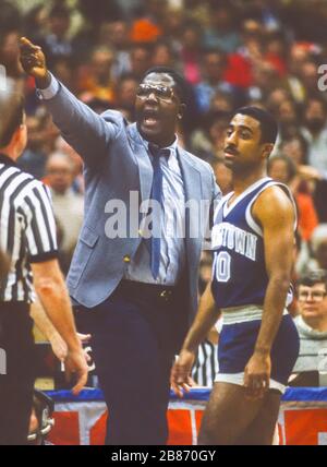 SYRACUSE, NEW YORK, USA - Georgetown University basketball Coach John Thompson, during January 28, 1985 NCAA game versus Syracuse. Stock Photo